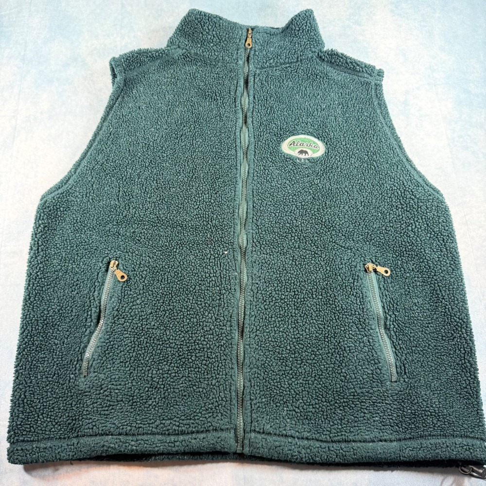 Most Wanted Fleece Vest Mens XL Green Excellent Alaska Bear Sherpa Full Zip